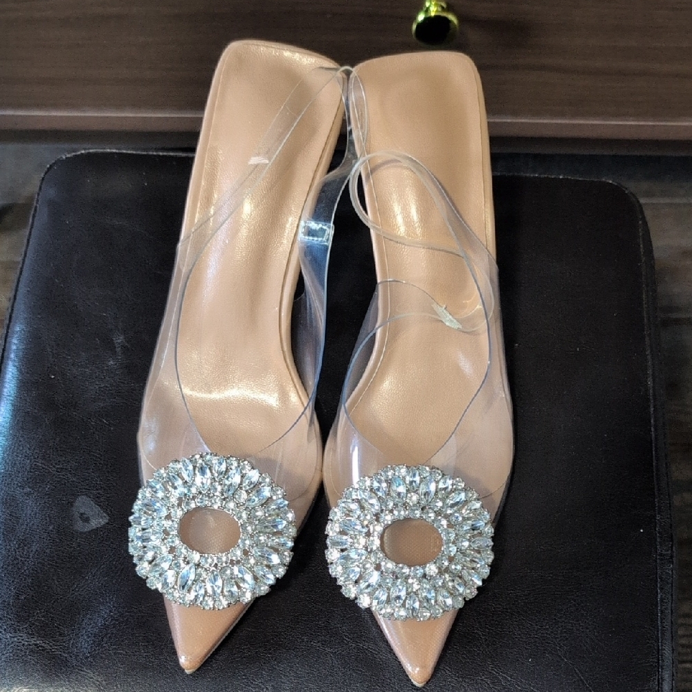 Nude Crystal-Embellished Pointed Toe Slingback Heels - Picture 5 of 7